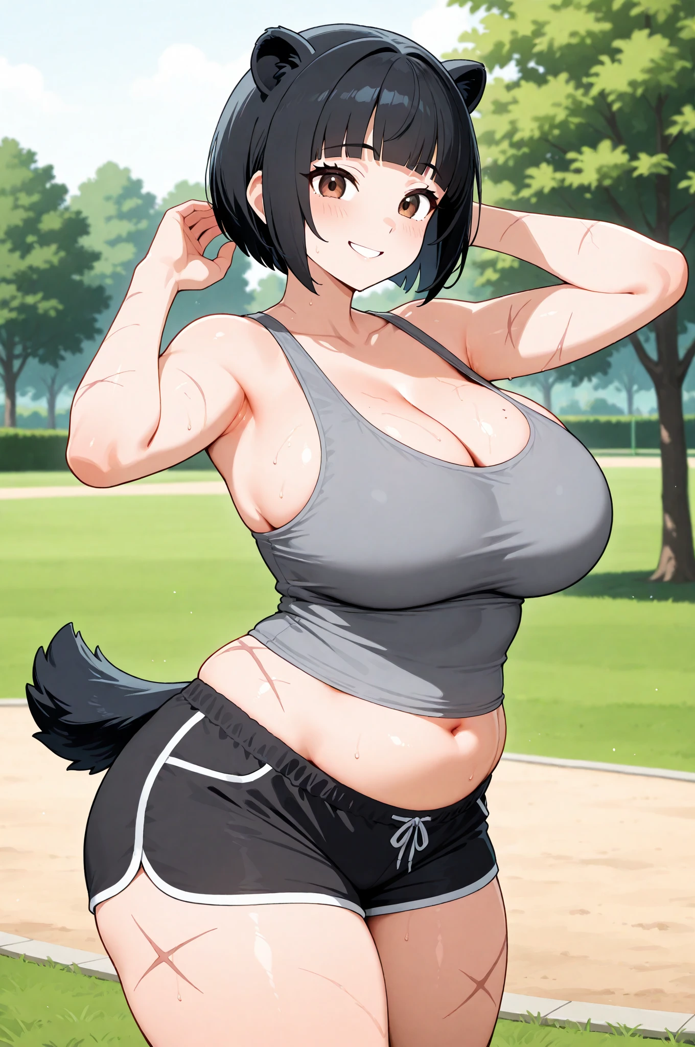 1girl, tan skin, tan-skinned female, sports bra, sportswear, huge breasts, thick thighs, black sportswear, bare legs, smile, black hair, very short hair, green eyes, pixie cut, short pants, bandage, highleg