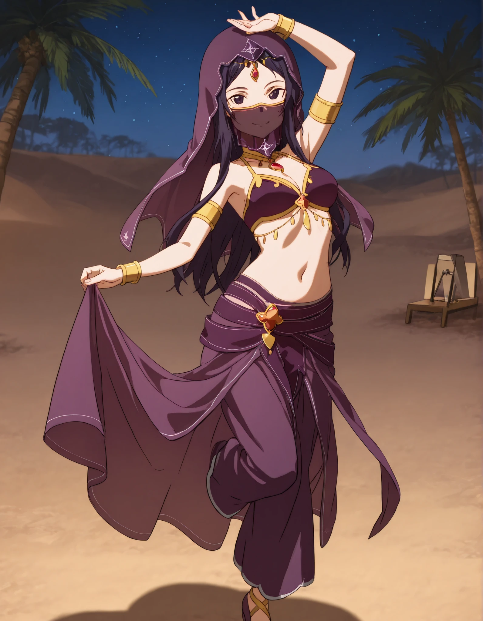 (1girl:1 . 5) , (Seul:1 . 5) , score_9 , score_8_haut , score_7_haut , source_anime , Official work , ultra-detailed , masterpiece , best quality selfie snapshot , high res , beaux yeux , detailed eyes , detailed face , beautiful detailed eyes ,Sword Art Online, Fanatio Synthesis Two,Arabian Clothes , Arabian Dancer ,belly dancer costume ,full body,mouth veil, golden jewelery,armlet, belly dancing,night,desert lands, palm tree, seductive smile, dancing with veil, dynamic movement,dance posture, seductive pose