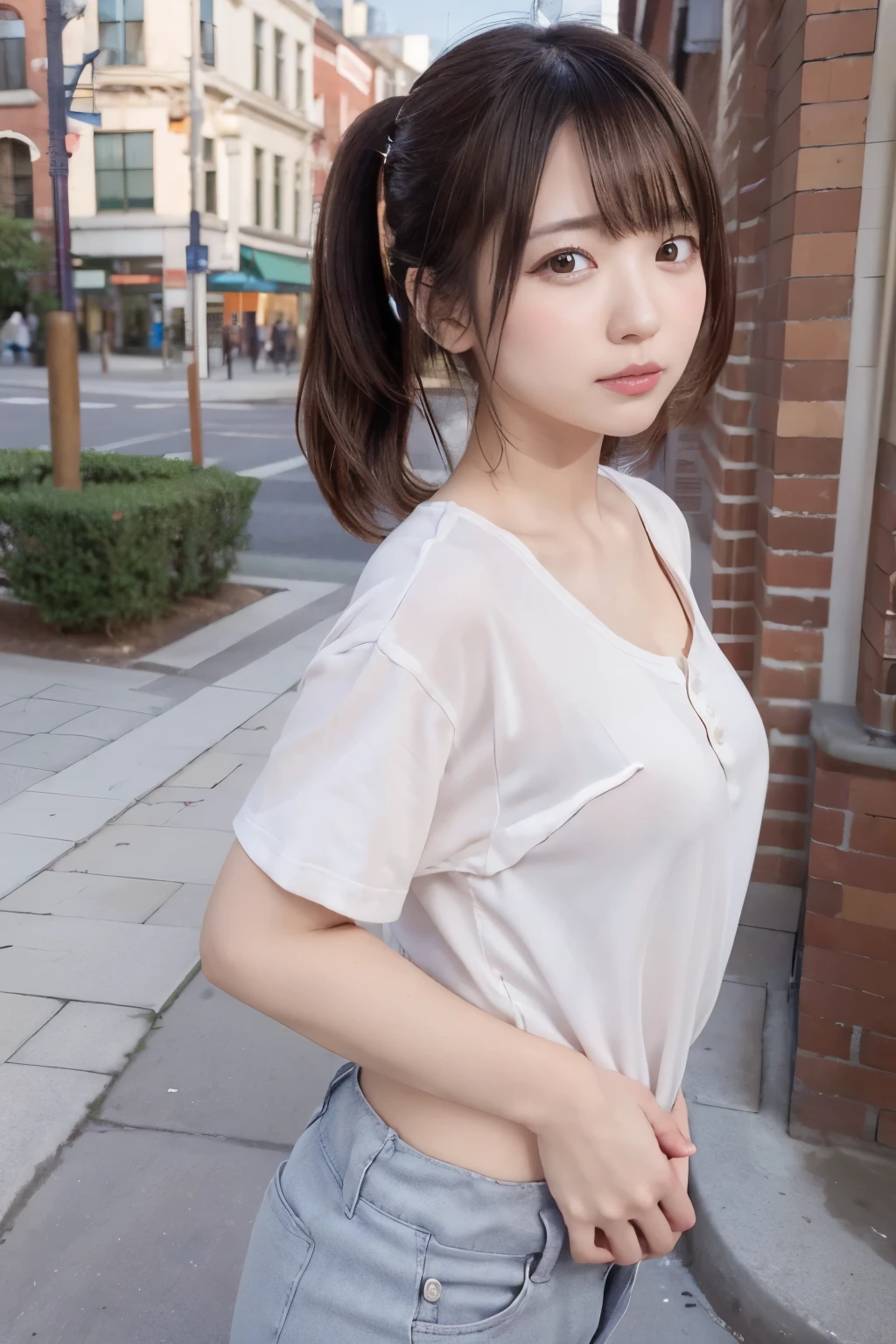 8k, raw photo, best quality, hires, realistic, photorealistic, extremely detailed 8k wallpaper, beautifully detailed eyes, finely detailed face,
 BREAK 
professional lighting, bokeh,
 BREAK 
perfectly anatomically correct:1.2,
5 beautiful thin fingers:0.8,
 BREAK 
the atmosphere feels relaxed yet bustling with a hint of historical significance:0.6,
a broad brick building stretches across a spacious open-plaza:1.2,
the architecture features a series of arching windows embedded within deep red-brown bricks and creats a historical and slightly industrial aesthetic:0.8,
the building's large and symmetrical design is accentuated by gable roofs with prominent triangular facades:0.8,
small metal spires jut from the roof is adding a touch of elegance to the sturdy structure:0.8,
 BREAK 
1 female, touching on the red brick wall:1.0,
kawaii like a fairy:1.0, cute natural anime face:0.8,
chubby cheeks:0.2,
low ponytail,
symmetrical clear eyes, chocolate color eyes with sparkling highlights,
symmetrical face line, stereoscopic projection of baby face,
gentle narrow eyes, double eyelids, [subtle eye bags, tareme, wide-set eyes],
small round face, rounded jaw, [chiseled face, heavy lips], blush, embarrassed,
(sheer henley-neck oversized shirt + pants rolled up),
pants adheres to ideal peach-shaped flesh circumference:0.6,
deep gentle shadows of buttocks under curves:0.4, glistening on buttocks lower curves:0.4,
looking back viewer, painful pleasure with opening mouth,
thick thighs:1.0,
 BREAK 
diagonal composition,
dynamic back shot:1.2, from below:1.0,
soft contrast, soft saturation,