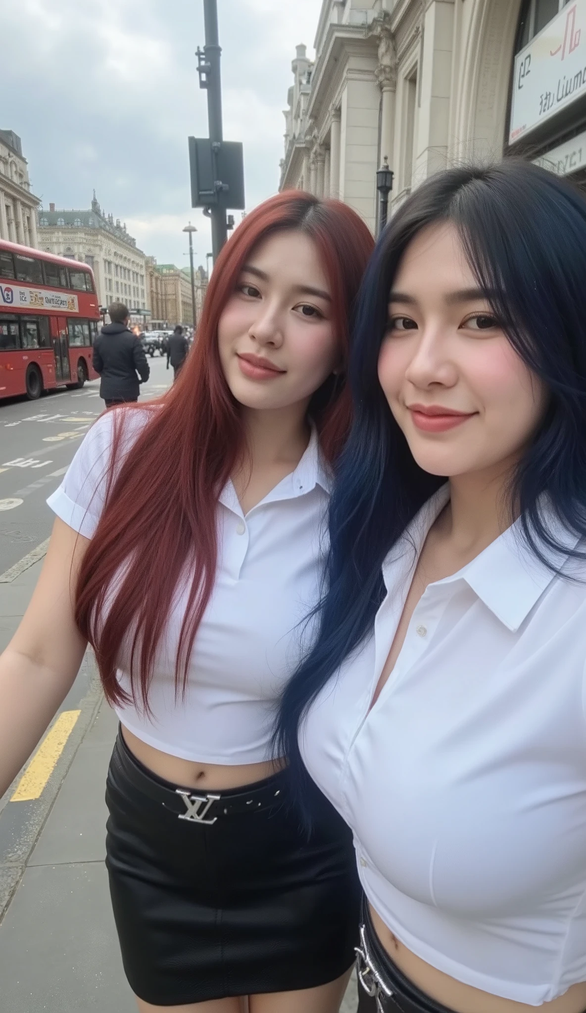 A selfie image shows two young Korean-Thai women standing on a sidewalk in London.
They have a long, fluffy haircut, showing off her narrow forehead. They have a voluptuous figure. They are chubby-sexy. One of them has a cherry red hair colour, and the other has midnight-blue hair. They wear a Thai Mahalai uniform (a light-white short-sleeved collared shirt with silver buttons with the LV brooch, a black leather belt with a silver university buckle, and a short black pencil skirt) that highlights her curvy figure and ample bust. They are smiling in an alluring way. They stand close to each other. Their cheeks touch each other.
The image is taken in bustling street scene outside London Victoria Station, featuring iconic red double-decker buses parked along the kerb with route signs like 'C2 Victoria' and '507 Waterloo,' pedestrians in coats walking on the sidewalk, and the grand Victorian-era station building with ornate architecture and signage in the background under a cloudy sky.