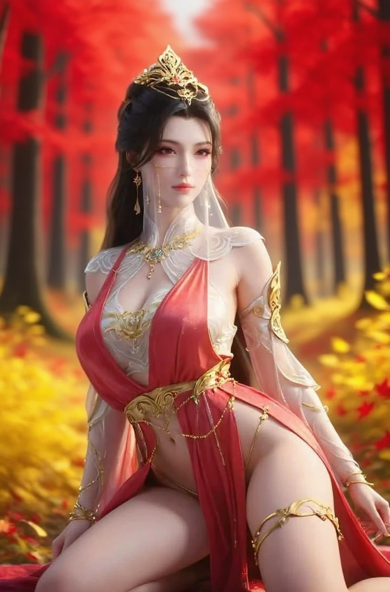 Wearing a red dress, Lady in red silk, korean mmo, Japanese goddess, a beautiful fantasy empress, full-body xianxia, Game CG, korean mmorpg, videgame character, fantasyoutfit, cinematic goddess body shot, beautiful female witch, Chinese costume, wearing gilded red robes