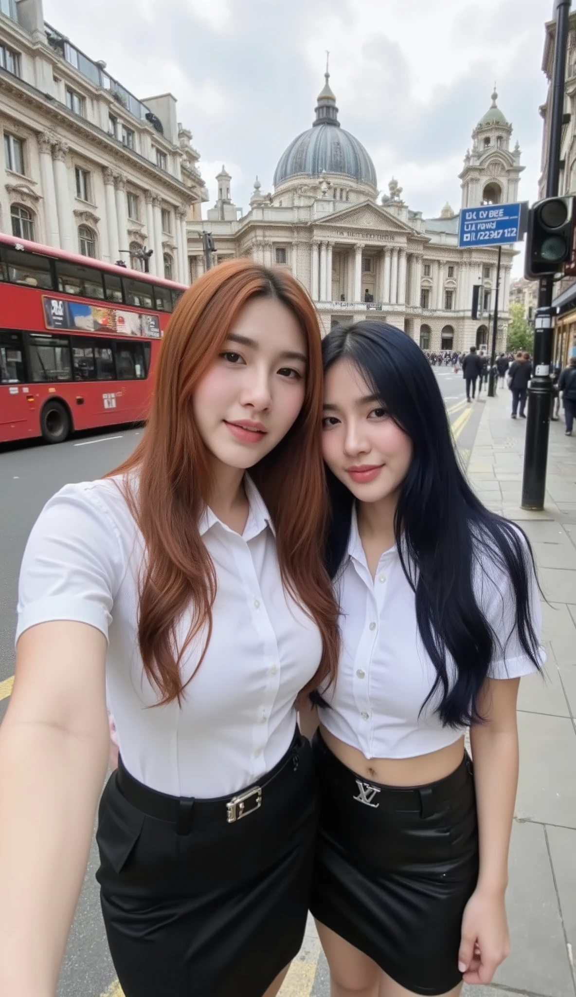 A selfie image shows two young Korean-Thai women standing on a sidewalk in London.
They have a long, fluffy haircut, showing off her narrow forehead. They have a voluptuous figure. They are chubby-sexy. One of them has a cherry red hair colour, and the other has midnight-blue hair. They wear a Thai Mahalai uniform (a light-white short-sleeved collared shirt with silver buttons with the LV brooch, a black leather belt with a silver university buckle, and a short black pencil skirt) that highlights her curvy figure and ample bust. They are smiling in an alluring way. They stand close to each other. Their cheeks touch each other.
The image is taken in bustling street scene outside London Victoria Station, featuring iconic red double-decker buses parked along the kerb with route signs like 'C2 Victoria' and '507 Waterloo,' pedestrians in coats walking on the sidewalk, and the grand Victorian-era station building with ornate architecture and signage in the background under a cloudy sky.