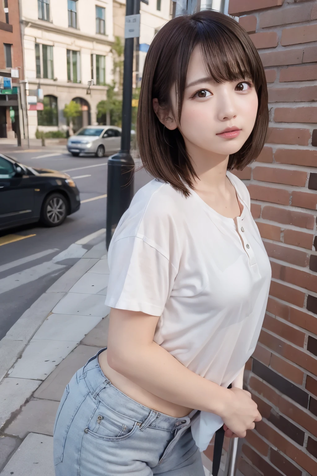 8k, raw photo, best quality, hires, realistic, photorealistic, extremely detailed 8k wallpaper, beautifully detailed eyes, finely detailed face,
 BREAK 
professional lighting, bokeh,
 BREAK 
perfectly anatomically correct:1.2,
5 beautiful thin fingers:0.8,
 BREAK 
the atmosphere feels relaxed yet bustling with a hint of historical significance:0.6,
a broad brick building stretches across a spacious open-plaza:1.0,
the architecture features a series of arching windows embedded within deep red-brown bricks and creats a historical and slightly industrial aesthetic:1.0,
the building's large and symmetrical design is accentuated by gable roofs with prominent triangular facades:1.0,
small metal spires jut from the roof is adding a touch of elegance to the sturdy structure:0.8,
 BREAK 
1 female, touching on the red brick wall:1.0,
kawaii like a fairy:1.0, cute natural anime face:0.8,
chubby cheeks:0.2,
short bob hair,
symmetrical clear eyes, chocolate color eyes with sparkling highlights,
symmetrical face line, stereoscopic projection of baby face,
gentle narrow eyes, double eyelids, [subtle eye bags, tareme, wide-set eyes],
small round face, rounded jaw, [chiseled face, heavy lips], blush, embarrassed,
(henley-neck oversized sheer shirt + pants rolled up),
pants adheres to ideal peach-shaped flesh circumference:0.8,
deep gentle shadows of buttocks under curves:0.4, glistening on buttocks lower curves:0.4,
looking back viewer, painful orgasm with opening mouth,
thick thighs:1.0,
 BREAK 
diagonal composition,
dynamic back shot:1.2, from below:1.0,
soft contrast, soft saturation,