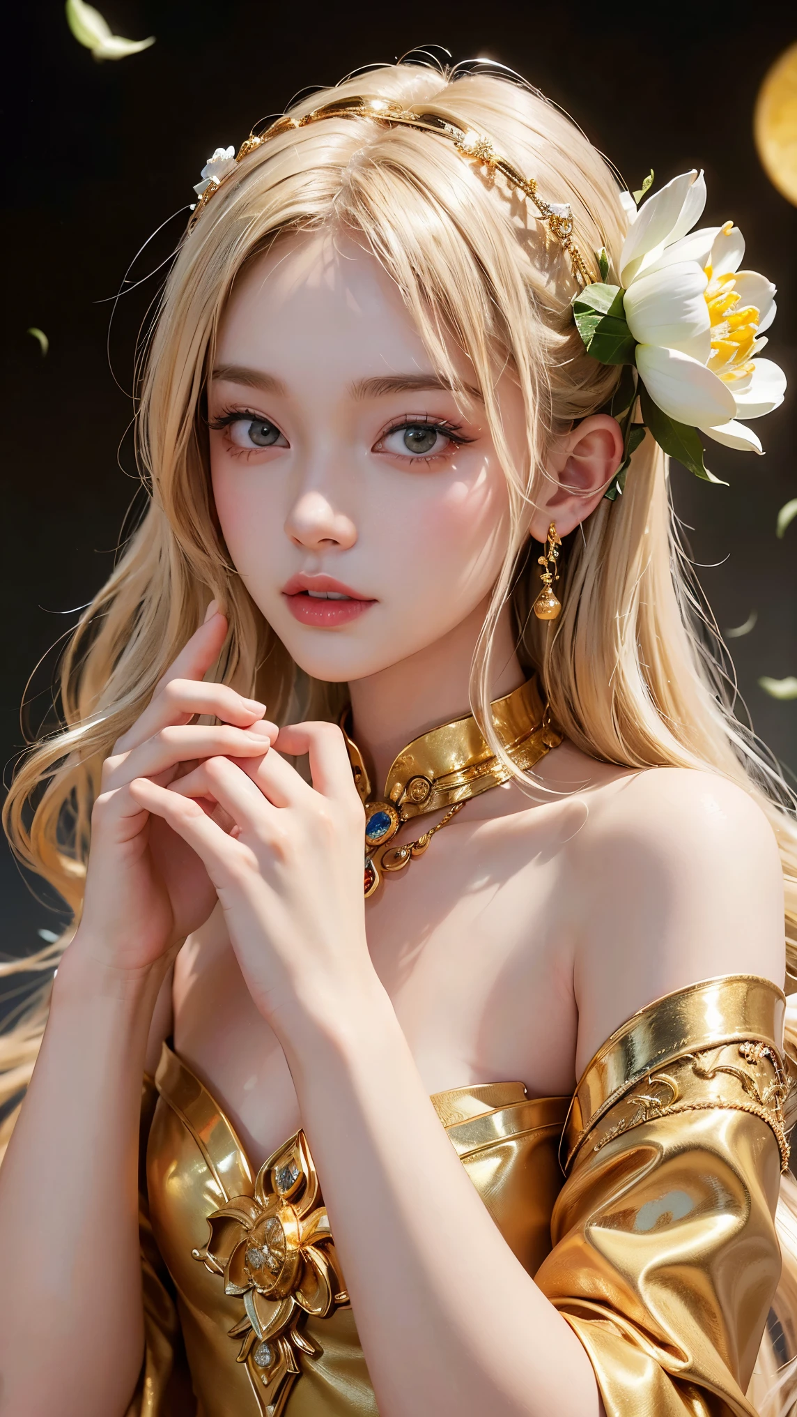 Ultra-detailed complex 3D rendering of the face, (masterpiece, top quality, octane rendering,), glamour shots, full body image, very beautiful young elves, cleavage, (highly detailed skin: 1.2), (exposure: 1.1), (((((gold micro bikini: 1.95)))). 40k, (((very soft breasts)), (((noticeable large pink areola)), beautiful Caucasian woman with full soft breasts and dark skin with big buttocks, one, long braided hair, big breasts, dynamic angle, (((huge breasts: 2.4)), ultra-realistic photos, ((((blonde))), futuristic urban background, facial muscles, (((((detailed and glamorous gold crown)))), In the style of Marvel Comics, ArtStation Trends, Clear Focus, Intricate Detail, Highly Detailed, Detailed Red Eyes, Very Detailed, Sharp Focus, Digital Rendering, Professional, Abs, Lip Gloss, Glossy Skin,
