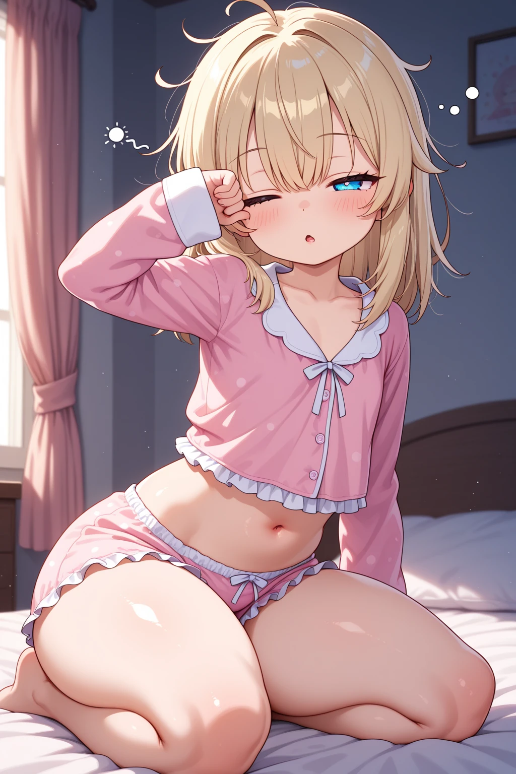 Browsing Caution,Highest quality,high school girl,,Blonde,Shortcuts,Short Bob,Small breasts,Small breasts,Growling,Sweating,Grim face,grimace,heavy breathing,,grimace,wince,｛｛Mouth open｝｝,(a girl sleeping on bed:1.5),(lying back down:1.1),(nether region:1.3),(closed eyes:1.2),(troubled eyebrows:1.2),(from above:1.3),(oversize long sleeves pink Nightwear:1.3),(bed room:1.3),BREAK
arms up,lift clothes,(white and blue  lace panty:1.3),nsfw,( panties peek:1.5),(nipples peek:1.5),panty lift,Spreading legs,cum in Pussy,pussy juice,Pussy juice,Cum in pussy,Cum on body,Semen in the hair,Cum on face,A man is fingering