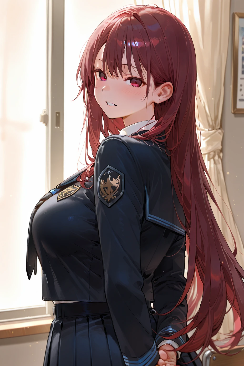 masterpiece、Highest quality、Best image quality、High resolution、Big Breasts、Red hair、Red Eyes、Twin tails、Black Uniform、Unbranded uniform