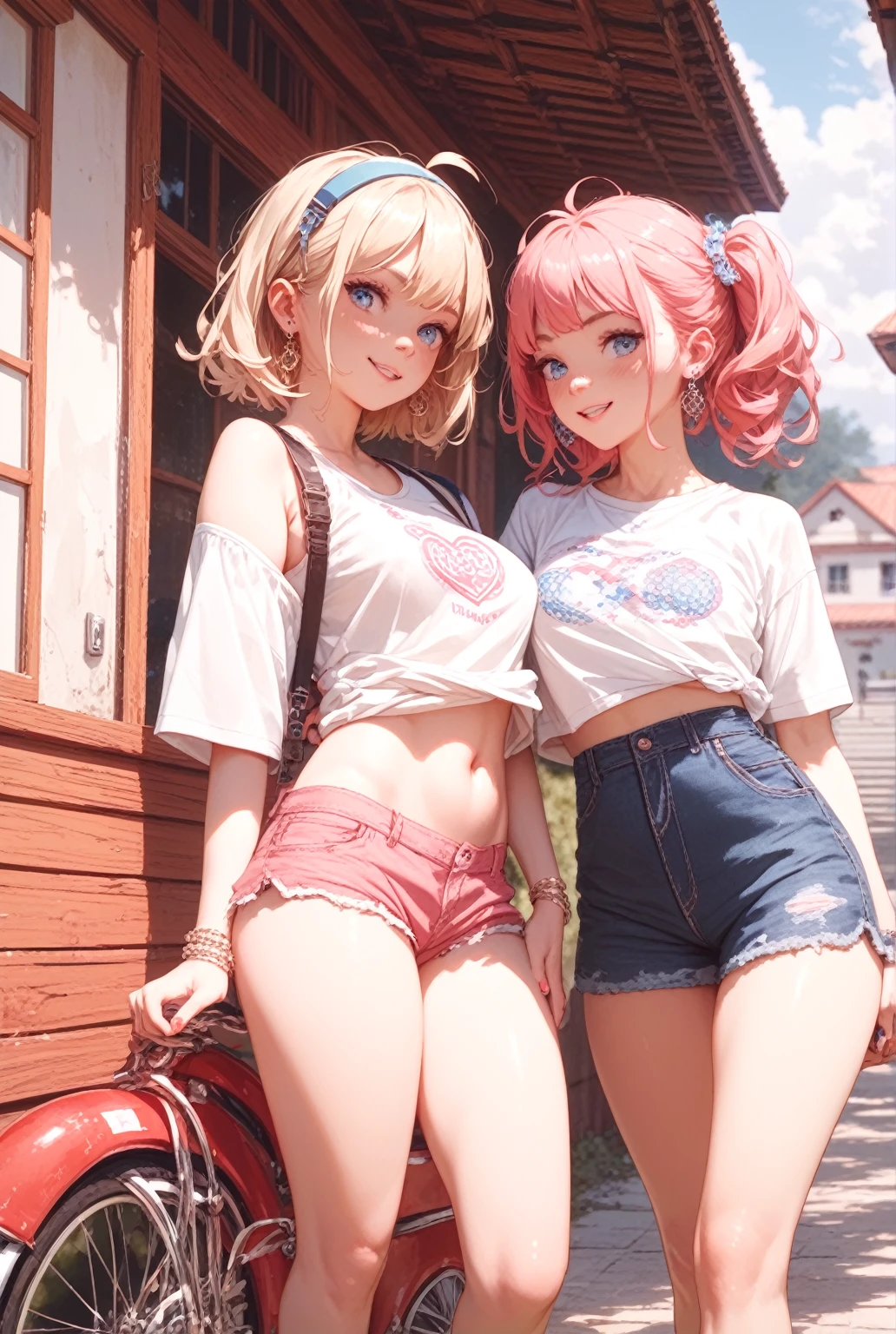 buttocks emphasis、Close-up looking up from below、smile、realistic、face reality、Super high chroma、8k、(((Two 13-year-old girls)))、blonde braid hair、T-Shirt Fashion、cherry blossoms、Beautiful cherry blossoms、cherry blossomsの花びらが落ちる、denim shorts、Slightly larger breasts that emphasize cleavage、Various sexy poses、natural scenery