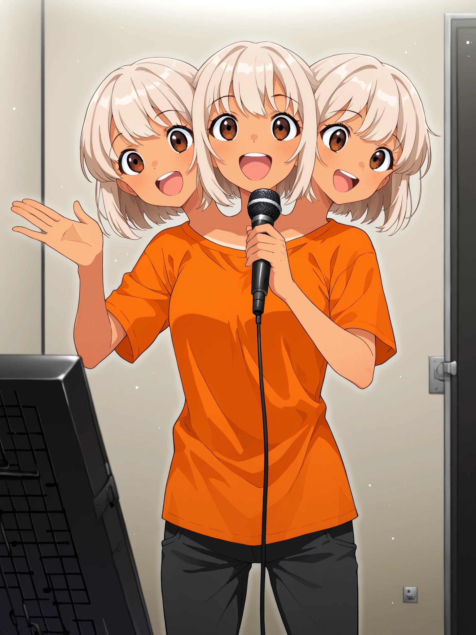 conjoined, anime girl with three heads, tan hair, brown eyes, open mouth, singing into a microphone, happy, energetic, holding a microphone, orange t-shirt, black pants, soundproof room, vocal room
