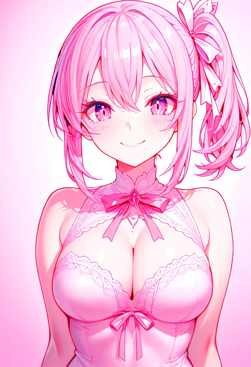 ((highest quality)), ((masterpiece)), (detailed), Perfect face nsfw breast focus　looking at viewer　from below　aroused　heart shaped pupils　large breasts　bare breasts 1 boy, pov hands, grab breasts playboy bunny heart pasties short medium breasts, (split-color hair, black hair, pink hair:1.3), blue eyes