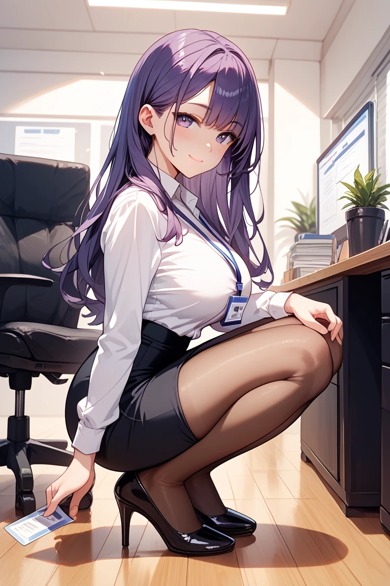 masterpiece,best quality,highres,ultra-detailed,aayuuka,halo,blue eyes,purple hair,long hair,two side up,bangs,blue necktie,black jacket,collared shirt,id card,belt,black skirt,black socks,shoes,black footwear,<lora:yuuka_(blue_archive):0.8>,indoors,sitting,office,desk,chair,(studying:1.2),