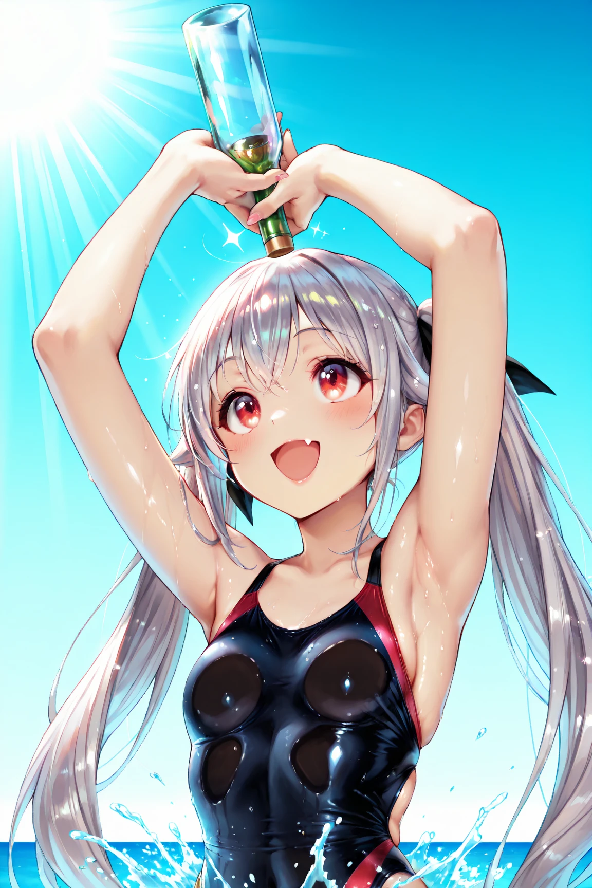 fairy knight lancelot (fate), 1girl, solo, long hair, breasts, looking at viewer, blush, smile, bangs, simple background, white background, navel, bare shoulders, brown eyes, swimsuit, ponytail, white hair, heart, sidelocks, bikini, thighs, small breasts, one eye closed, tongue, tongue out, v, black bikini, bottle, forked eyebrows