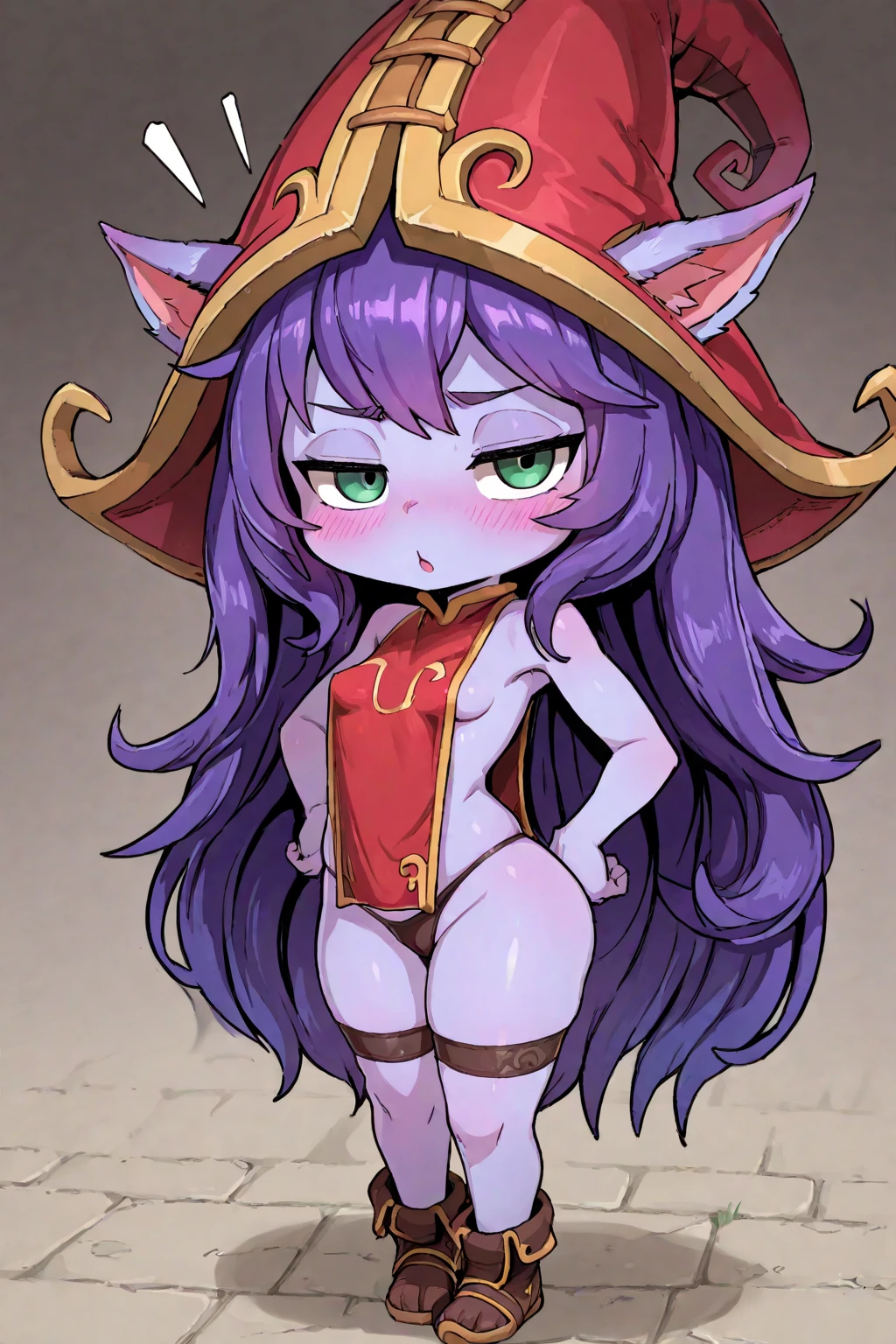 1girl, solo, masterpiece, best quality, detailed, narrow waist, wide hips, huge breasts, huge ass, score_9, score_8_up, score_7_up, LuluLoLXL, yordle, shortstack, green eyes, purple hair, very long hair, sidelocks, bangs, animal ears, purple skin, colored skin, witch hat, ears through headwear, bikini