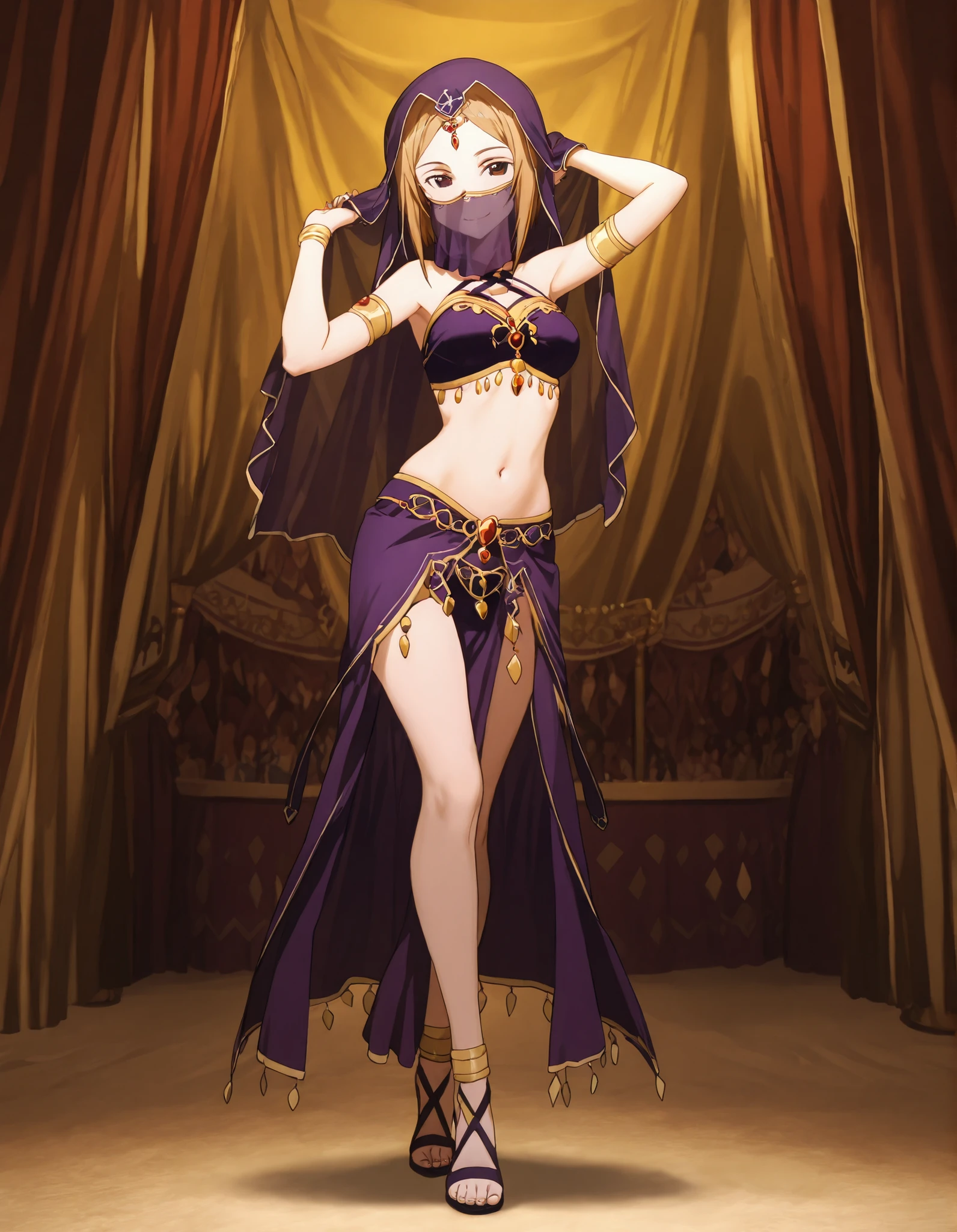 (1girl:1 . 5) , (Seul:1 . 5) , score_9 , score_8_haut , score_7_haut , source_anime , Official work , ultra-detailed , masterpiece , best quality selfie snapshot , high res , beaux yeux , detailed eyes , detailed face , beautiful detailed eyes ,Sword Art Online, Sortiliena Serlut,Arabian Clothes , Arabian Dancer ,belly dancer costume ,mouth veil,full body, golden jewelery,armlet, belly dancing,arabian theater, seductive smile, dancing with veil, dynamic movement,dance posture, seductive pose