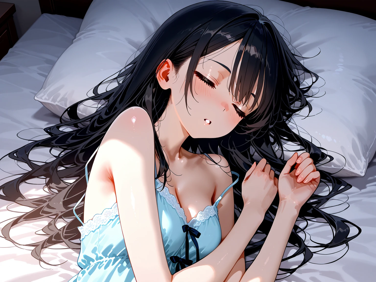 high angle, looking at viewer, looking ahead, from above,cowboy shot,1 girl ,Lying in bed,Beautiful girl at 13 years old,Japanese,,,Small and slim,Flat Chest,Small breasts,Baby Face,Small face,Black Hair,Short Twin Tails,Grey Eyes,middle School girls,Sexy Lingerie,open mouth,tongue out,Beautiful and detailed anime art,puzzled look,Sexy vibe,cum on tongue,Dark Room,Moody lighting,