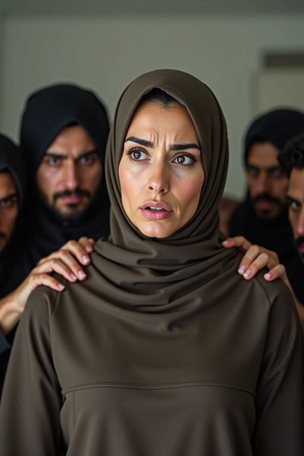 Pale skin Kurdish woman in hijab  shoulder  arm breasts  talking with a Arab man in luxury bedroom view from side angry raged 