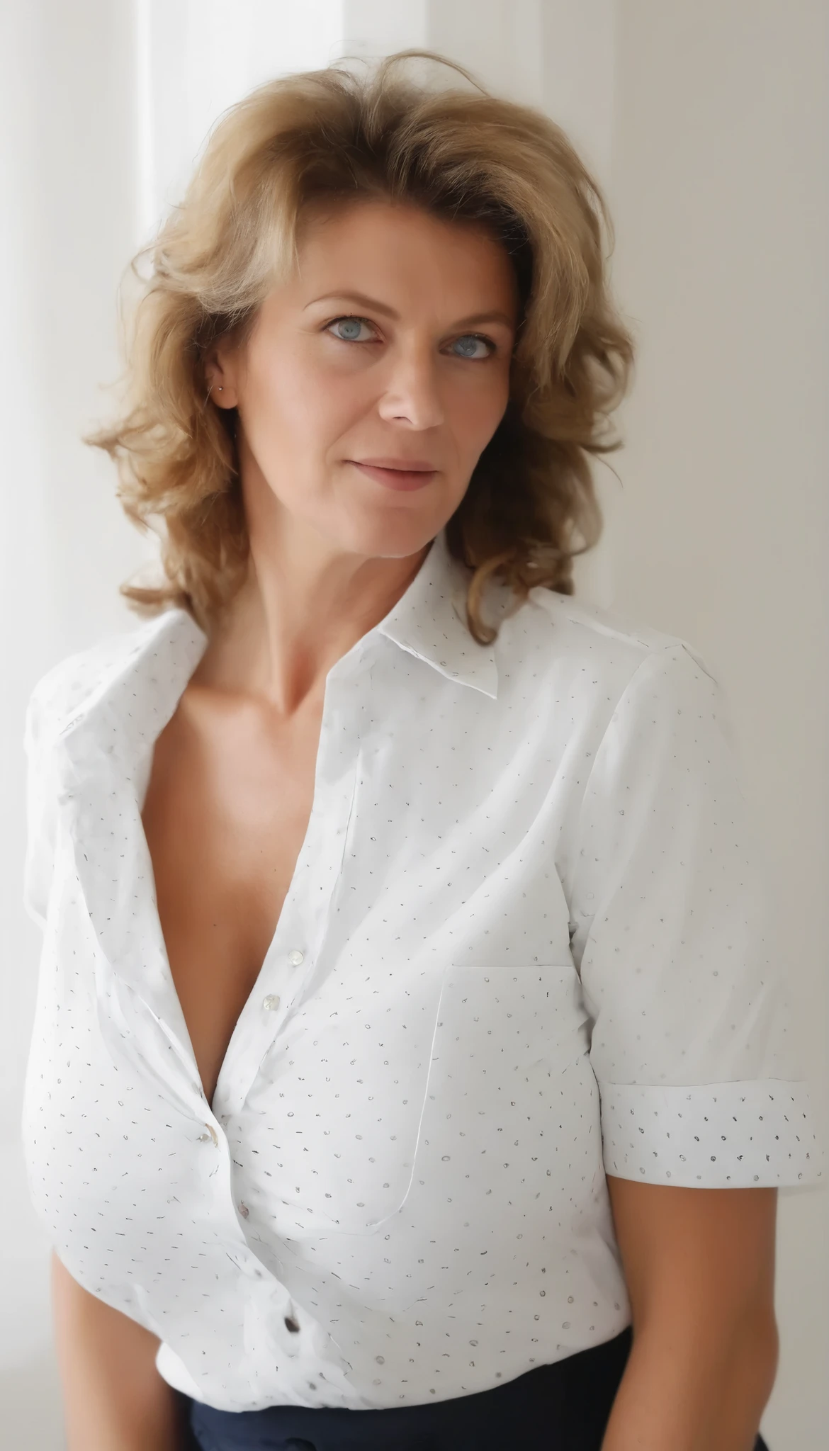 Raw, Film Photography, Analog, 3/4 portrait, Slightly underexposed, Cinematic Lighting, sharp focus, 

German, Swedish, DMA, Female Preventer, Beautiful Middle Aged woman, 

Very attractive face, sparkle in eyes, au naturale, 80s Hairstyle, partially buttoned up Collared shirt with polka dots, Haute Couture, Huge Natural , ,  , pert ,  outline, cleavage, Looking_at_viewer, From side, 

Masterpiece, Amazing Quality, Very Aesthetic, Gorgeous