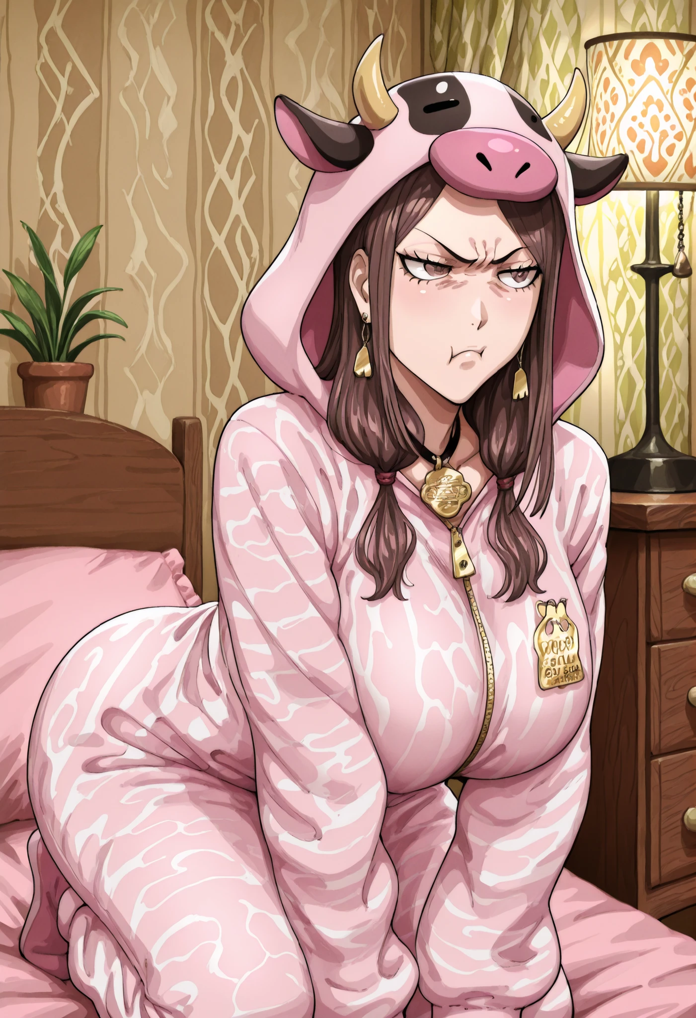 iwao178,girl, solo, (hair: medium length pastel pink + straight with soft inward tips + side bangs framing face), (eyes: large grayish brown + calm neutral gaze), (expression: relaxed subtle pout), (pose: sitting on knees with body slightly angled forward), medium breast, (clothes: pastel pink cow-pattern onesie with purple spots + hood up with small black and brown cow horns + pink ears + yellow ear tags), (background: cozy feminine bedroom+ wooden furniture + soft fairy lights + patterned curtains + potted plants + warm ambient glow from bedside lamp), soft pastel palette, gentle shading, cozy and cute atmosphere, anime watercolor illustration style <lora:748cmSDXL:1> 748cmstyle