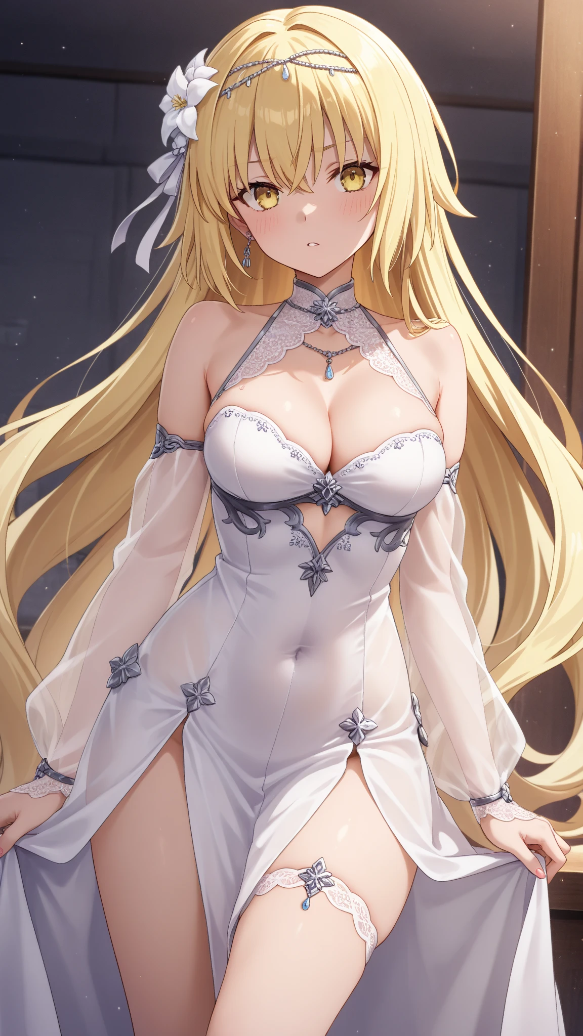 absurdres, masterpiece, best quality, ultra-detailed illustration, original, girl, toga himiko, boku no hero academia, official style, shiny skin, cinematic light, intricate detail, highres, 8k, bloom, light rays, medium breasts, looking at viewer, vivid color, blonde hair, double bun, yellow eyes, hyper detailed, light particles, cute, solo, toned, backlighting, indoors, castle, bridal lingerie, long dress, see-through dress, see-through silhouette, dynamic angle,