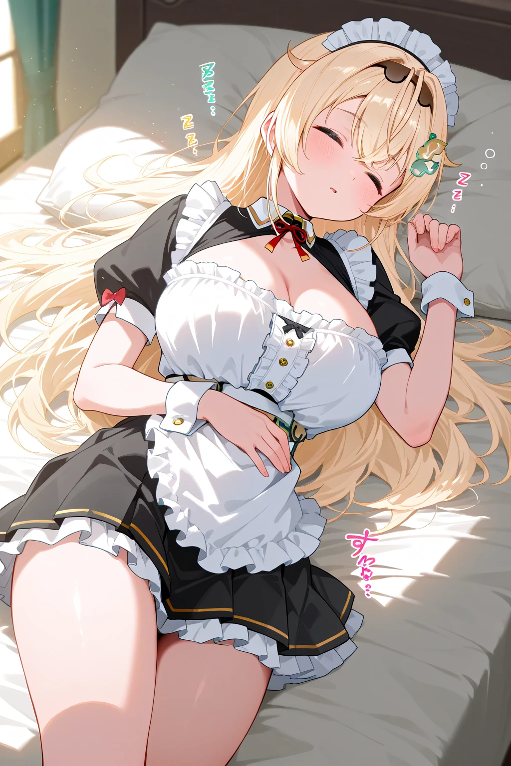 (masterpiece, best quality), nsfw, 1girl,looking at viewer, (upper body),(looking down:1.5),(orgasm:2),(from below:1.5),
BREAK,
(twintails,light blonde hair:1.5),(pointy breasts:1.5),(large areolae:1.5),(bare breasts:1.8),(open clothes:1.5),
ultra detailed eyes,(tareme:1.3),(half closed eyes:1.3),sleepy,
BREAK,
(maid:1.6),
BREAK,(lying on bed,spread legs:1.5),(embarrassed,blush:1.8),nsfw,(bukkake:1.3),(hetero:1.5),(vaginal sex:1.8), (bedroom,on bed:1.2)