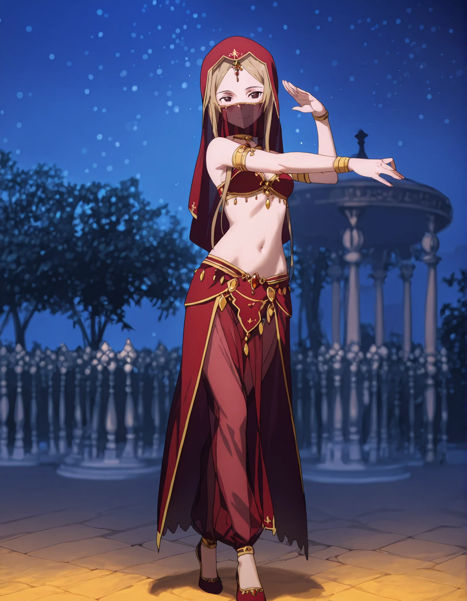 (1girl:1 . 5) , (Seul:1 . 5) , score_9 , score_8_haut , score_7_haut , source_anime , Official work , ultra-detailed , masterpiece , best quality selfie snapshot , high res , beaux yeux , detailed eyes , detailed face , beautiful detailed eyes ,Sword Art Online, Sortiliena Serlut,Arabian Clothes , Arabian Dancer ,belly dancer costume ,mouth veil,full body, golden jewelery,armlet, belly dancing,night,arabian garden, seductive smile, dancing with veil, dynamic movement,dance posture, seductive pose