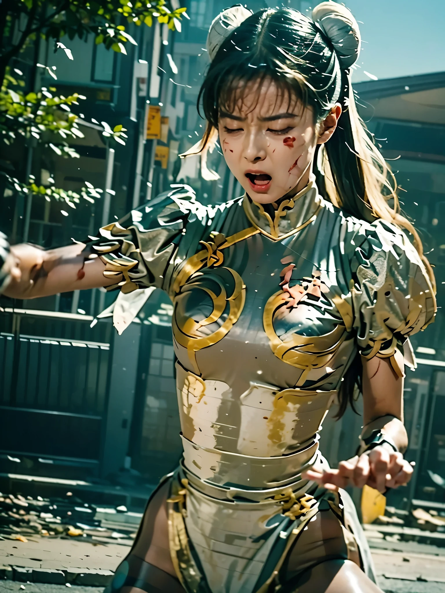 I'm eating the attack and being blown back, ryona, damaged, is screaming after being eaten by an attack, raised both hands straight up due to the impact of the attack(Fully extended arms), hurts, closed eyes, expression of agony, hyper real, photo real, high image quality, masterpiece, Chun Li (Silver Costume), body that floated in the air due to the impact of the attack, tragic tone, bleeding, bleeding from mouth, pelvic curtainが上に大きく捲れて銀色のレオタードが見えている, long hair, front camera angle