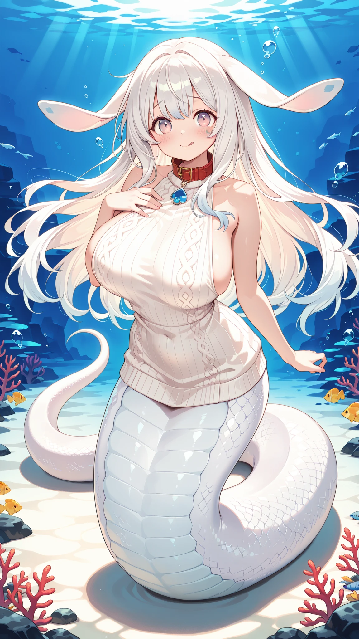 1 female, big boobs, Malicious Chess March Rabbit, blush,White hair,white sleeveless sweater,Holding the chest with both hands,red collar hanging around the neck,(Underwater:1.2),seabed,full body photo,Rabbit ears,masterpiece,Up to,HD,very beautiful,cute,absurd,(Complete five fingers),beautiful woman,White snake tail ,Beautiful woman,lamia,The lower body is a white snake tail,Smile,Shy,Without,spit out your tongue