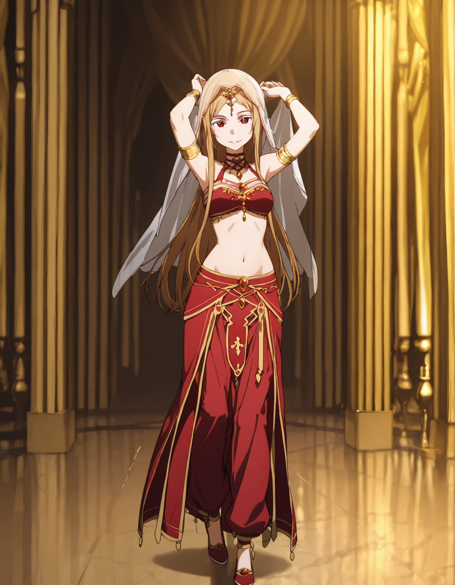 (1girl:1 . 5) , (Seul:1 . 5) , score_9 , score_8_haut , score_7_haut , source_anime , Official work , ultra-detailed , masterpiece , best quality selfie snapshot , high res , beaux yeux , detailed eyes , detailed face , beautiful detailed eyes ,Sword Art Online, Sortiliena Serlut,Arabian Clothes , Arabian Dancer ,belly dancer costume ,full body, golden jewelery,armlet, belly dancing,arabian garden, seductive smile, dancing with veil, dynamic movement,dance posture, seductive pose