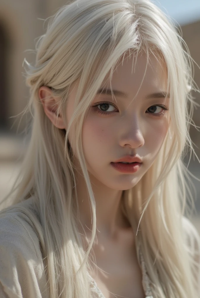 １５Caucasian model at the age, full body image,（(Clean clothes)), white clothes, skin color, Pretty Caucasian Woman, gray hair, lazy smile, (8K, Live shooting, highest quality, masterpiece: 1.2), masterpiece, Super detailed, ultra high resolution, (realistic and realistic photos: 1.37), High-definition RAW color photo, very delicate and beautiful, 非常にbe familiar with, 8k wallpaper, wonderful, be familiar with, 非常にbe familiar withな目, 非常にbe familiar withな肌, 非常にbe familiar withな指, h非常にbe familiar with nose, 非常にbe familiar withな口, perfect , Upper body, ,  feeling、 processing、clothes to wear'Do not show your breasts、, gray hair, eyes are blue, masterpiece, realistic skin texture, 超be familiar with, shiny hair and white skin, 、 beautifully dressed body、Juvenile impression、Upper body、eyes are blue、、she looks like a white woman、gray hair、Image from an angle