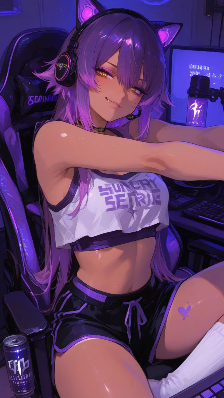 absurdres, [perfect shadows and lighting], detailed background, incredible high-key lighting, masterpiece, high quality, detailed, extremely detailed, ambient soft lighting, 4K, 1girl, glowing, glowing eyes, pink hair, hair between eyes, huge breasts, lips, long hair, looking at viewer, navel, parted lips, plump, purple eyes, solo, big breasts, arms at sides, (purple theme), Tokyo 80's Synthwave music 🎧 Chillwave Cyberpunk electro arcade mix🎵

