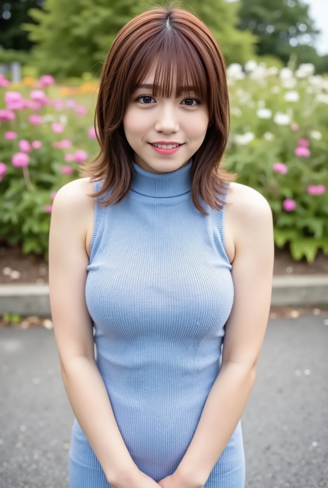 young woman standing in front, Wear a tight sleeveless, light blue knit dress with high neck and short length, Bend forward slightly, flat concrete area. very , Her hair color is dark brown., semi-long hair, In the back is a field of colorful flowers all over,nicely arranged bangs, looking at viewer, from very high, looking up, Looking directly above her