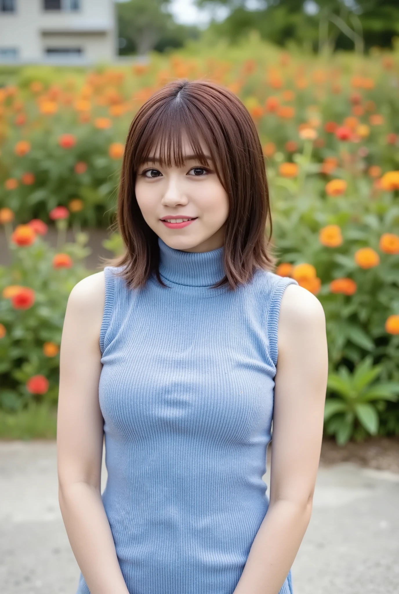 young woman standing in front, Wear a tight sleeveless, light blue knit dress with high neck and short length, Bend forward slightly, flat concrete area. very , Her hair color is dark brown., semi-long hair, In the back is a field of colorful flowers all over,nicely arranged bangs, looking at viewer, from very high, looking up, Looking directly above her