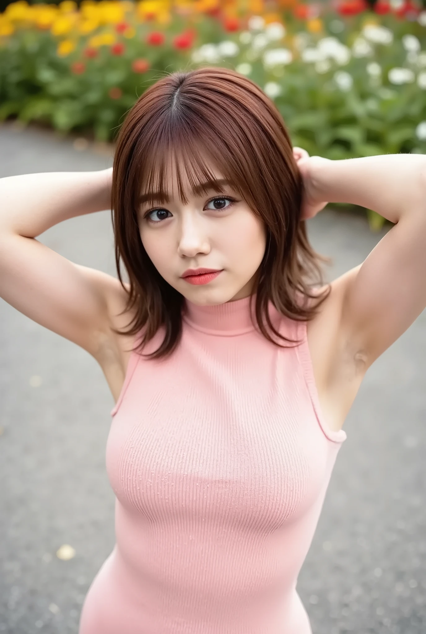 young woman standing in front, Wear a tight sleeveless, short light pink knit dress with high neck,  Bend forward slightly, flat concrete area. very , Her hair color is dark brown., semi-long hair,  In the back is a field of colorful flowers all over,nicely arranged bangs, looking at viewer, from very high, looking up, Looking directly above her