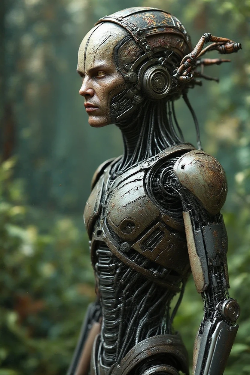 high detailed professional upper body photo of a transparent porcelain android looking at viewer,with glowing backlit panels,anatomical plants,dark forest,night,darkness,grainy,shiny,intricate plant details,with vibrant colors,colorful plumage,bold colors,flora,contrasting shadows,realistic,photographic,
