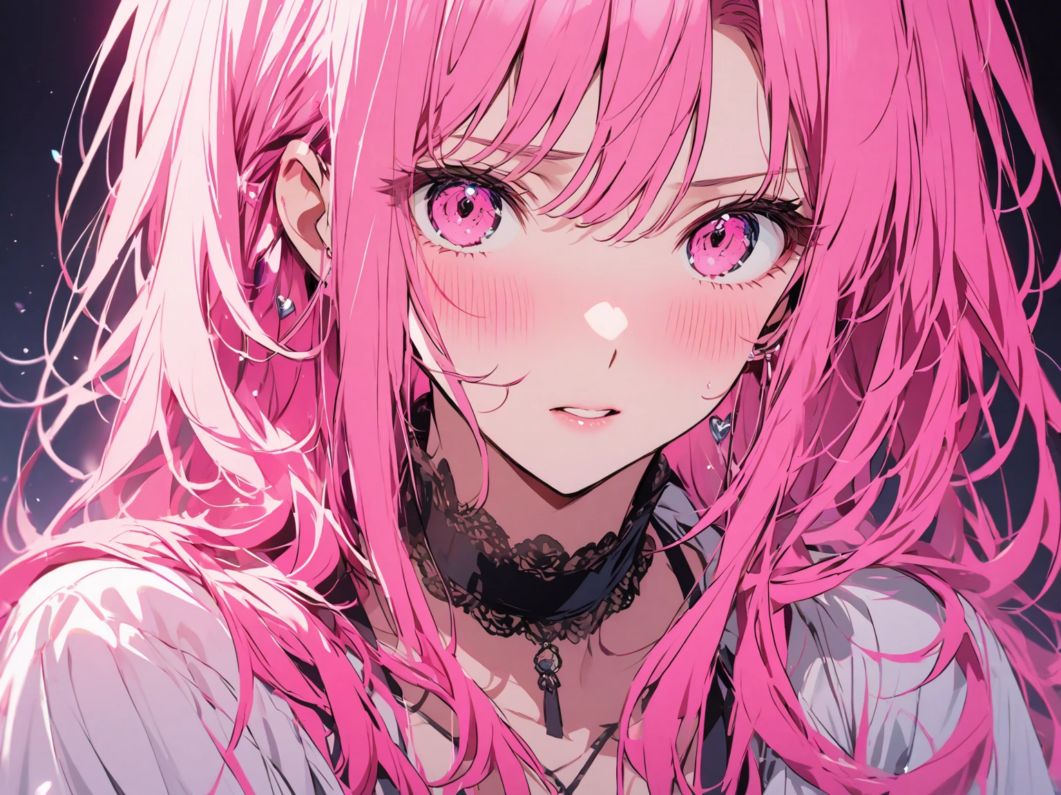 Cool women、sexy、Center of chest、Rize from Chainsaw Man、beauty、Yandere、、Face close-up、Chest tattoo、Red lace、necklace、(look up)、(Pink Hair)、((solo)).(Background abstract).(Background white)、