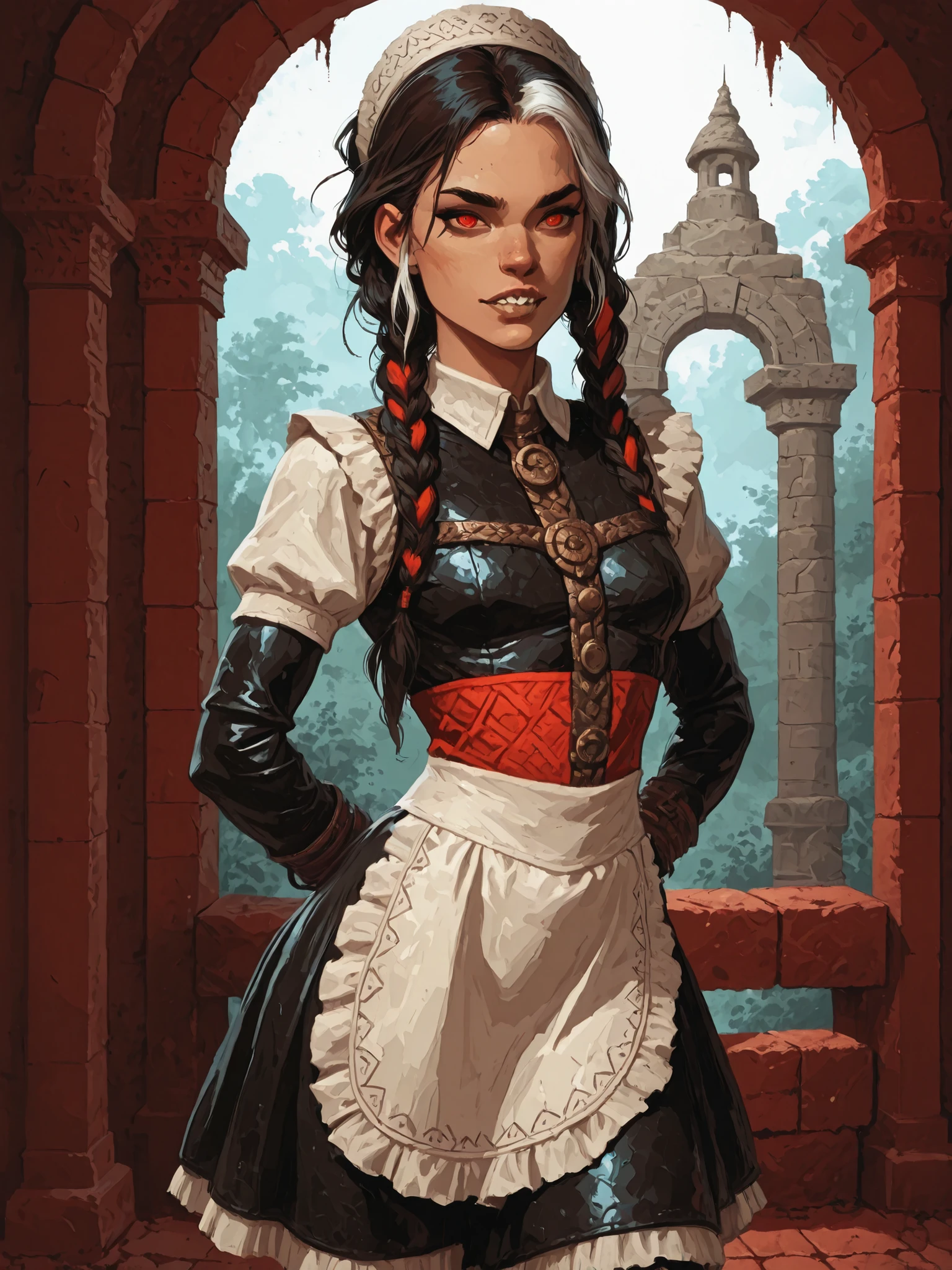 Drawn like the artist Bob Kehl. The indiginous (Inca) girl has white and dark hair, red-coloured eyes, with sharp teeth, athletic body and abs. White highlights in her braid. She wears shiny Aztec leather outfit with snakeskin-texture. She has small . Atmospheric lighting. Darker colours. She looks like Wednesday Adams.