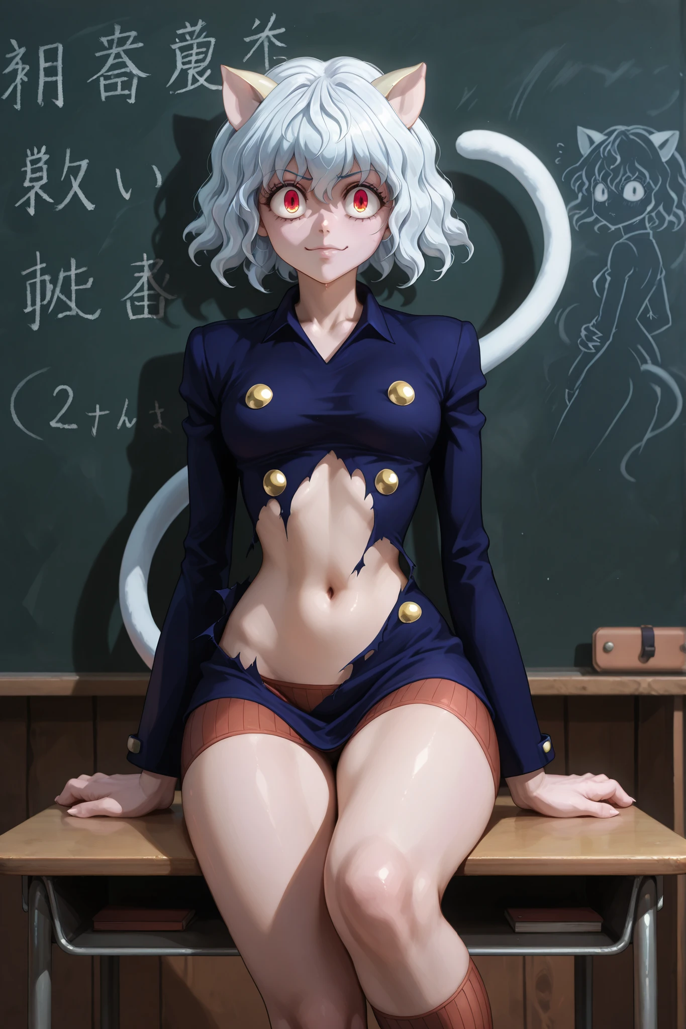 Neferpitou, Blushed face ,mostrando nalgas seminakeds,in front,few clothes,Reclining/a/a/a/a/a/a/a/a,tight red ,sexy,looking,white cat tail,aferrada a su culo naked,,,From the side that shows the butt,looking para atrás,       humiliation,camisa abierta、Good、navel,torn clothing,, adult content,sitting at a school table,naked,underwear,standing,appears standing in front of the blackboard