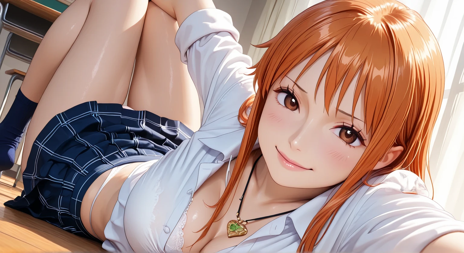 Rei Miyamoto, teen, orange hair, face looking at viewer, naked, doggy style, medium breasts, small nippless, Pussy dripping, orgasm face, on the bed, bedroom, front