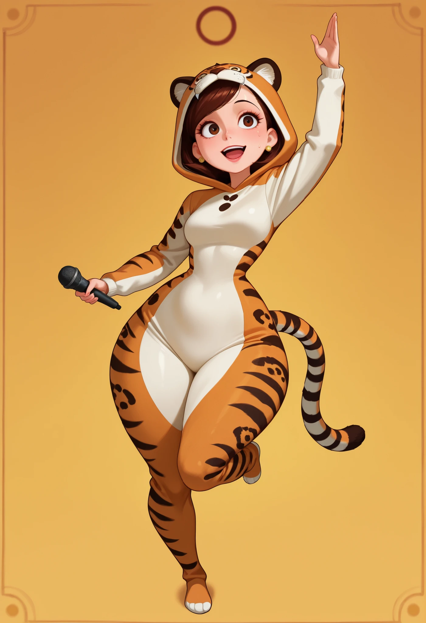Helen Parr , mature female, medium hair, Bob_cut, brown hair, brown eyes, big eyes, long eyelashes, medium breasts, narrow waist, thick thighs, huge hips, fair skin, thin hands, earrings, makeup, pink lips, lipstick.| score_9 , score_8_up , score_7_up , source_anime , masterpiece , best quality , 1girl , solo , Jaguar Man , animal ears , animal costume , tiger tail , animal hood , hood up , smile , open mouth , tropical background , holding , :d , sweat , sweatdrop , yellow background , arm up , pose , empty eyes , microphone , full body, standing on one leg