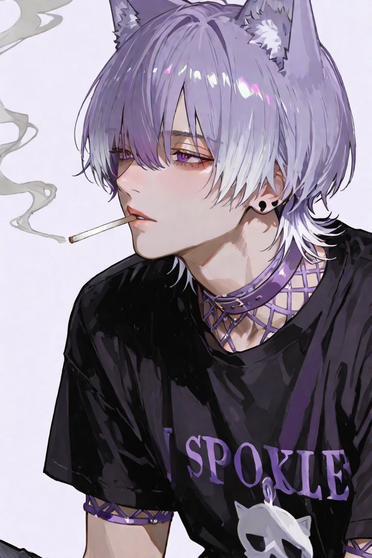 アニメ, best qualityer, white male, purple gradient hair,  black jersey, round sunglasses smoking 