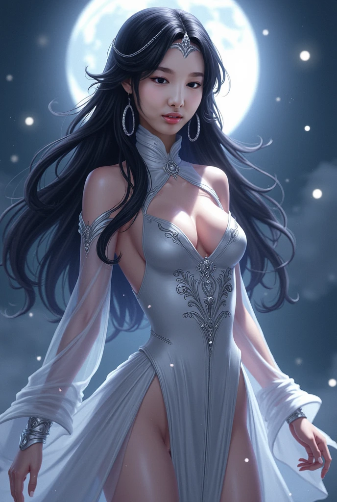 A beautiful woman. A priestress of the moon. Long straight black hair. Fair skin. Thick eyebrows. Narrow blue eyes. A small nose. Full soft lips. A long neck. Big firm breasts. Wide hips. Long legs. Beautiful. Elegent. Graceful. Wearing a white transparent dress. In an ancient temple of the moon. Nighttime. Moon is shining.