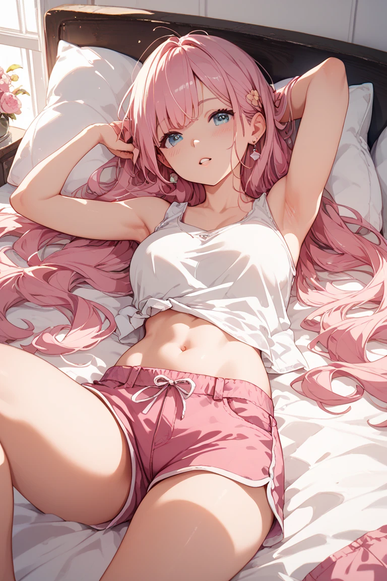 Hot girl lying in bed, pink hair, loose panty, sexy body, evening