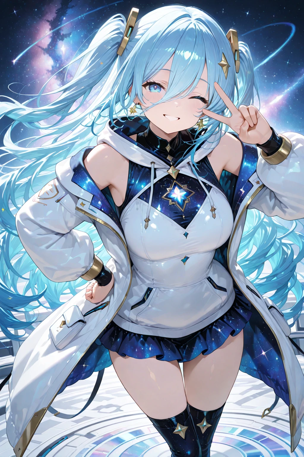 1girl,floating and rainbow long hair,Iridescence and rainbow, beautiful detailed starry sky