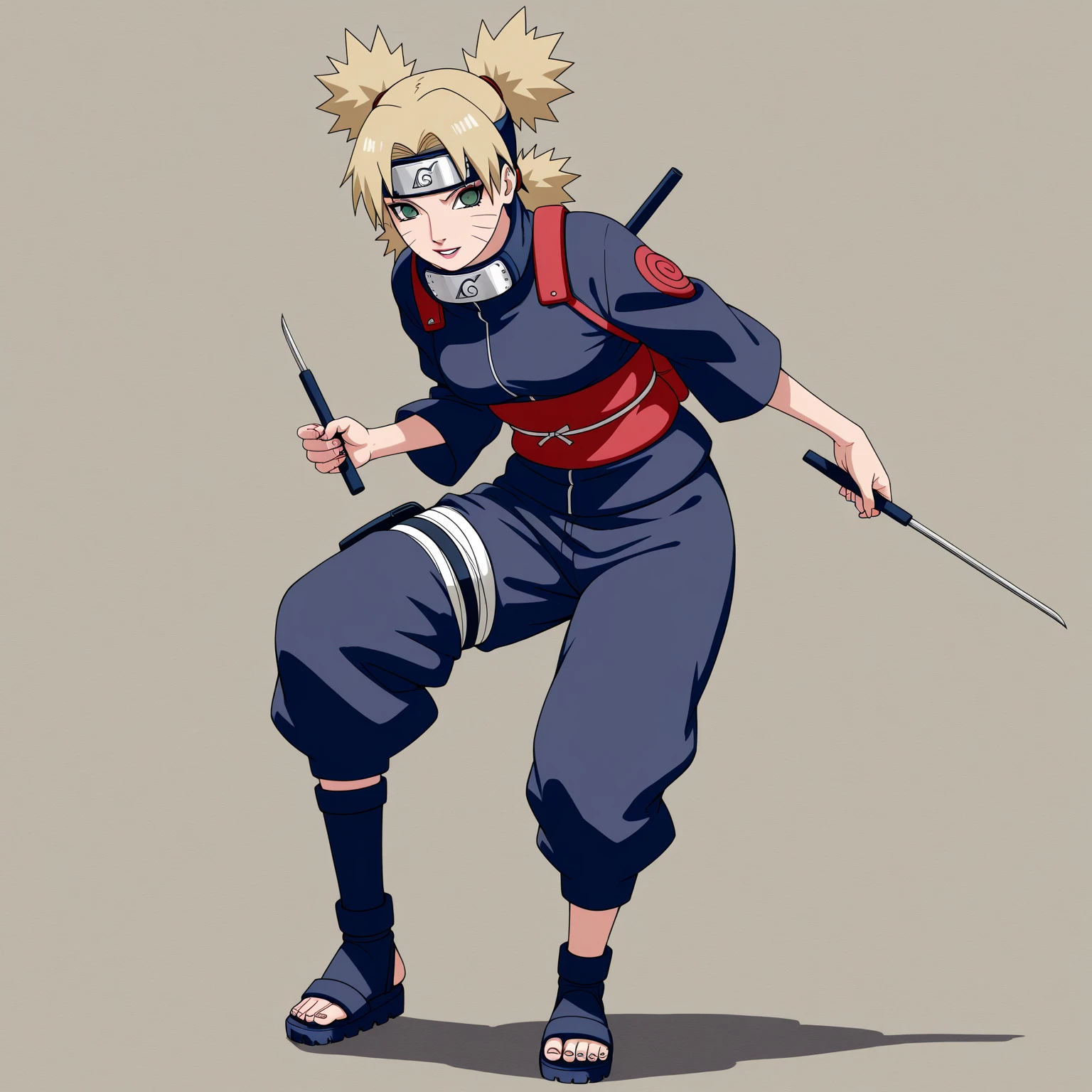 young girl, Blonde, blue eyes, bangs, short shoulder length hair, , small waist, flat stomach, Wide , big thighs, ninja, Naruto, loose pants below the waist, foot bandages, ninja style cropped t-shirt, konoha bandana on the waist, Leaf Village, at night, perfect lighting, detailed shadows, high quality, HD, 4k, Masterpiece