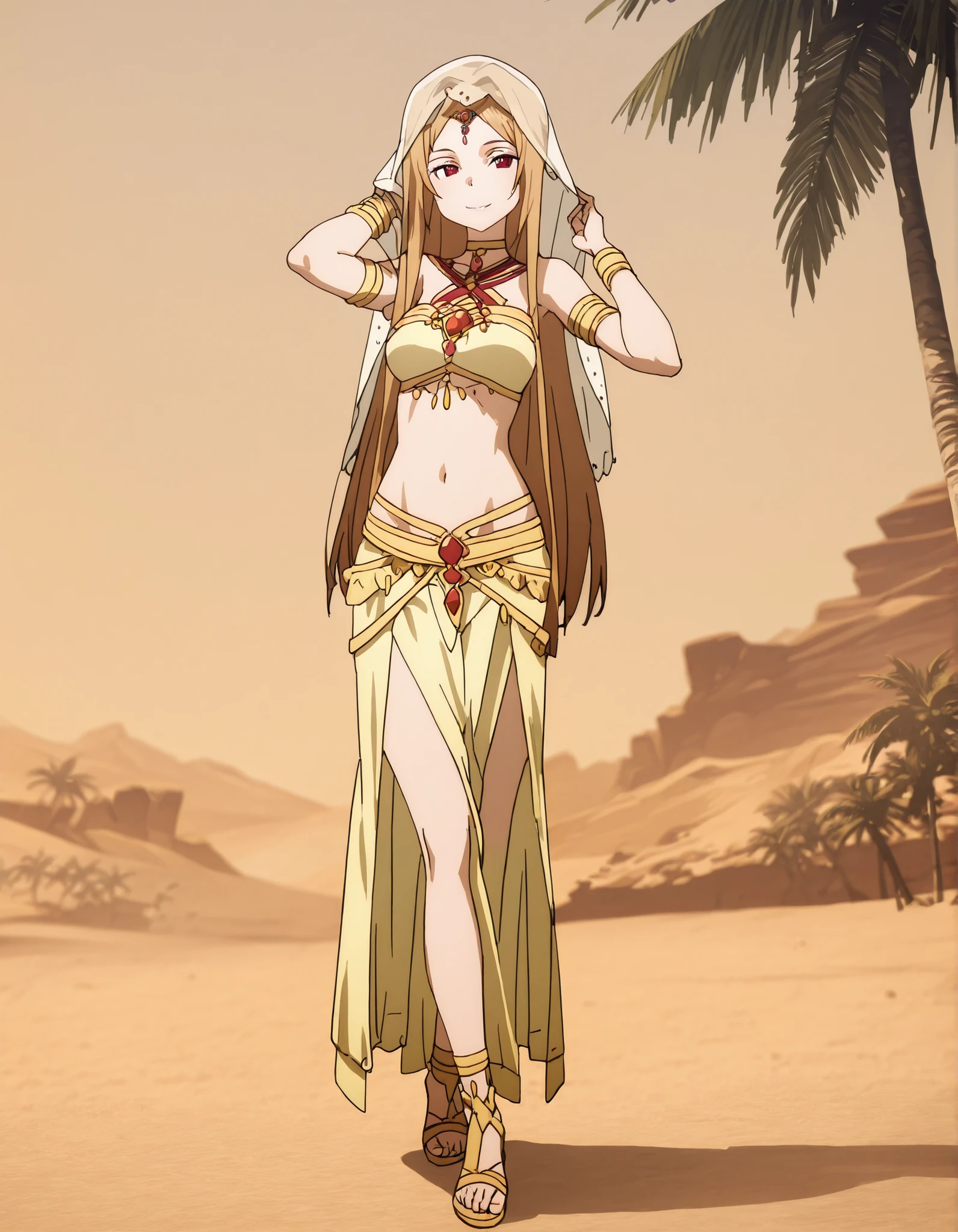 (1girl:1 . 5) , (Seul:1 . 5) , score_9 , score_8_haut , score_7_haut , source_anime , Official work , ultra-detailed , masterpiece , best quality selfie snapshot , high res , beaux yeux , detailed eyes , detailed face , beautiful detailed eyes ,Sword Art Online, Sortiliena Serlut,Arabian Clothes , Arabian Dancer ,belly dancer costume ,full body, golden jewelery,armlet, belly dancing,desert lands, palm tree, seductive smile, dancing with veil, dynamic movement,dance posture, seductive pose