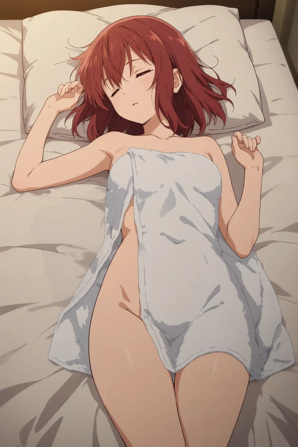 A girl with feminine appearance, short dark curly hair, with light skin and brown eyes, naked showing his slim and curvy body, with slightly small tits and short stature, in a motel room and a large window behind, posing with her naked body