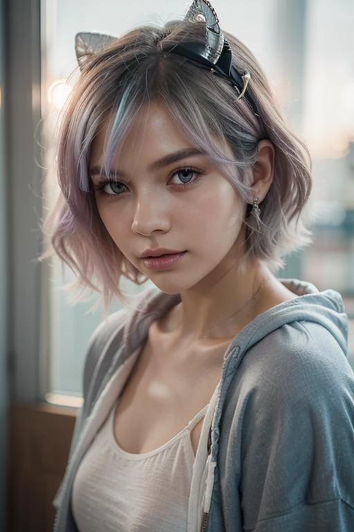 A beautiful girl with short white hair, bright purple eyes is posing cutely
