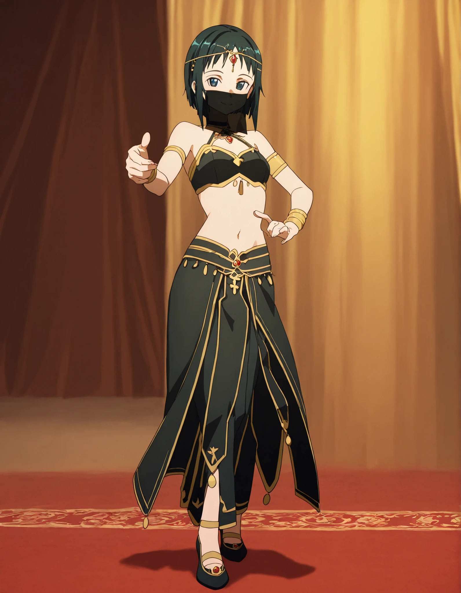 (1girl:1 . 5) , (Seul:1 . 5) , score_9 , score_8_haut , score_7_haut , source_anime , Official work , ultra-detailed , masterpiece , best quality selfie snapshot , high res , beaux yeux , detailed eyes , detailed face , beautiful detailed eyes ,Sword Art Online,Ronye Arabel,Arabian Clothes , Arabian Dancer ,belly dancer costume ,mouth veil,full body, golden jewelery,armlet, belly dancing,arabian theater, seductive smile, dancing with veil, dynamic movement,dance posture, seductive pose