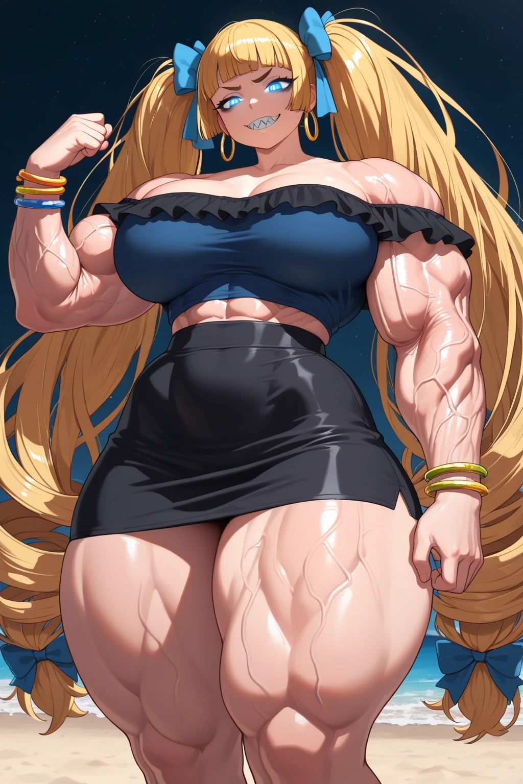 Sexy gyaru, bunny ears, shiny skin, long hair, scars on the body, muscular, massive breasts, wide hips, thick muscular thighs, wearing bunny fluffy pattern bikini and a cap.