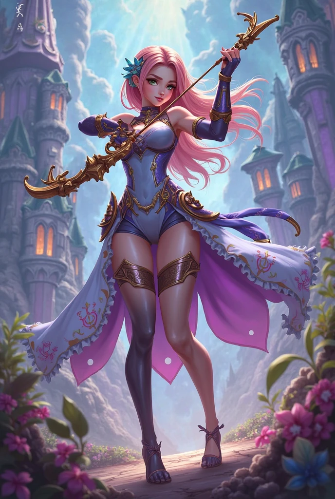 1boy, blonde hair, bow (weapon), cleavage, clenched hand, fox ears, gloves, glowing, holding, holding gun, holding staff, jewelry, lol style, long hair, long sleeves, looking at viewer, male focus, medium breasts, open clothes, parted lips, pink dress, ponytail, purple hair, shorts, shoulder armor, solo, staff, weapon
 <lora:LeagueofLegSDXL:0.8>