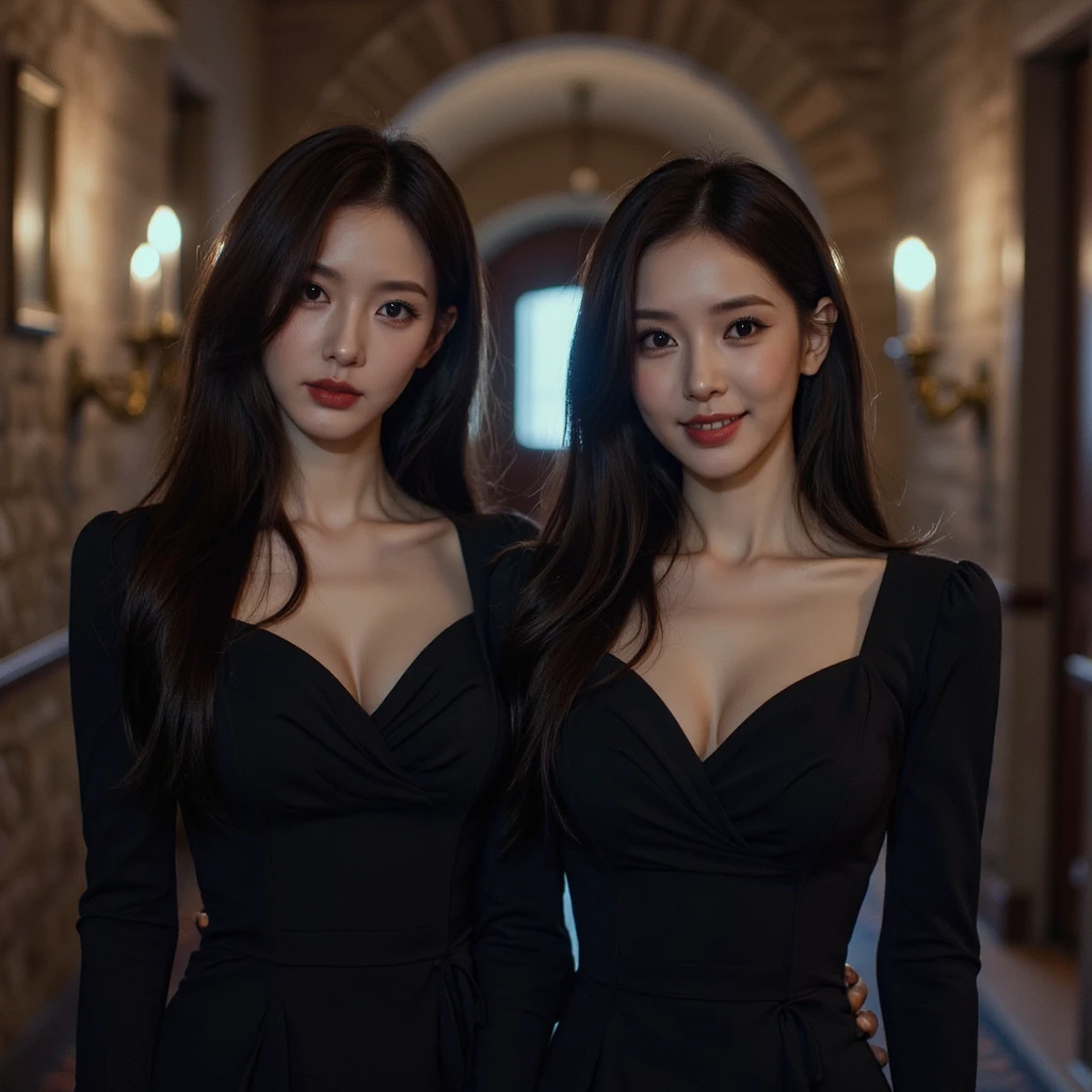 Heavy makeup,Beautiful Face,The Great Hall of the Castle,Highest quality,masterpiece,Ultra-high resolution,(Realistic:1.4),Xiuxian,arms,Detailed face,Two Girls,Cleavage,(magic circle:1.2),Xiuxian,Upper Body,beautiful girl,whole body,east asian building,sheath,Medieval dress,race